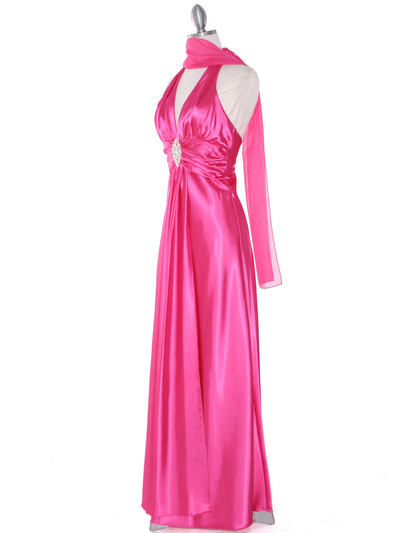 7122 Hot Pink Satin Halter Prom Dress - Hot Pink, Alt View Medium