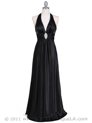 7122 Black Satin Halter Evening Gown, Black