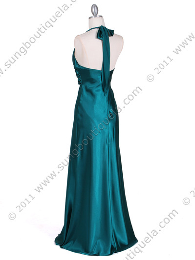 7122 Green Satin Halter Evening Gown - Green, Back View Medium