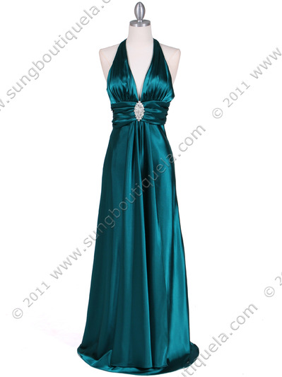 7122 Green Satin Halter Evening Gown - Green, Front View Medium