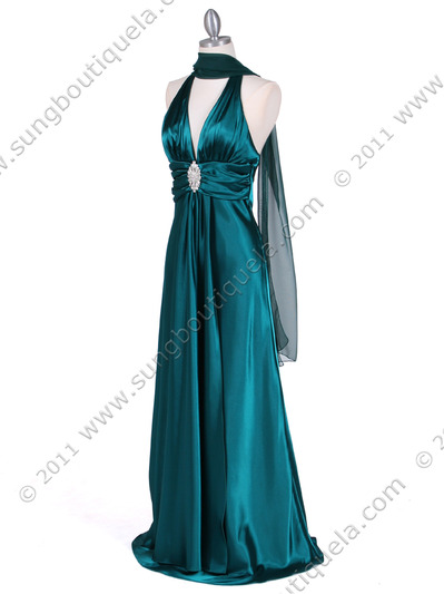 7122 Green Satin Halter Evening Gown - Green, Alt View Medium