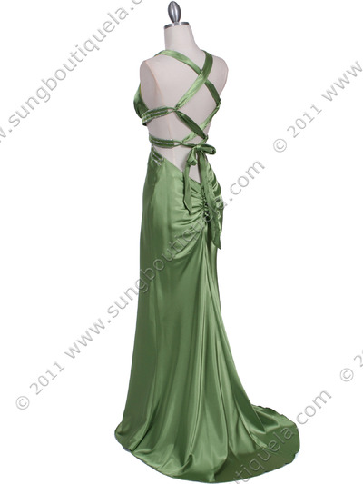 7153 Green Satin Evening Dress - Green, Back View Medium