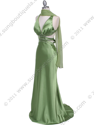 7153 Green Satin Evening Dress - Green, Alt View Medium