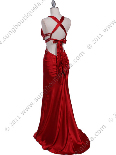7153 Red Satin Evening Dress - Red, Back View Medium