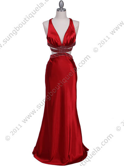 7153 Red Satin Evening Dress - Red, Front View Medium