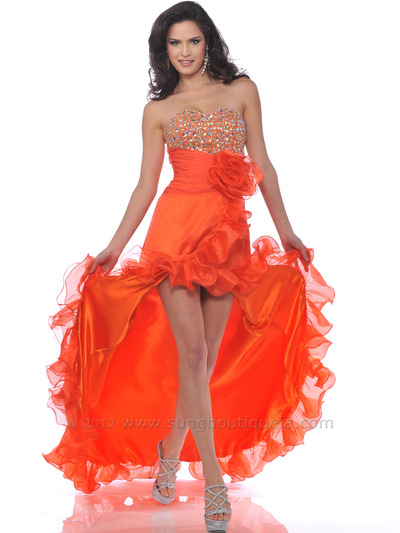 7556 Orange Strapless Jewel Embellished Prom Dress with Slit - Orange, Front View Medium