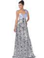 7557 Silver One Shoulder Floral Strap Evening Dress - Silver, Front View Thumbnail