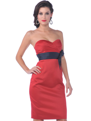 7603 Strapless Vintage Pencil Dress with Sash, Red