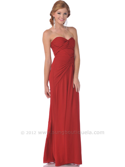 7735 Strapless Pleated Evening Dress - Red, Front View Medium