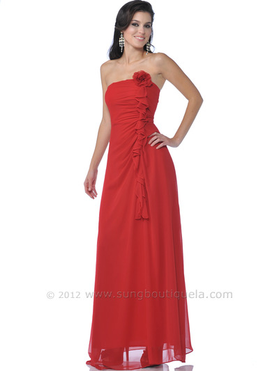 7820 Strapless Shirred Chiffon Evening Dress - Red, Front View Medium