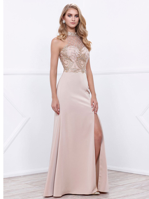 80-8319 Sleeveless Long Prom Dress with Open-Back, Cappuccino
