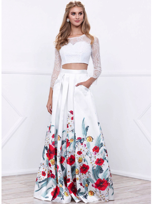 80-8353 Two-Piece Long Sleeve Prom Dress with Floral Print Skirt, Print