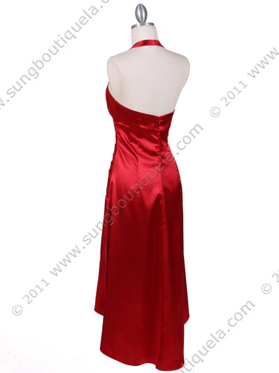 801 Red Satin Halter Cocktail Dress - Red, Back View Medium