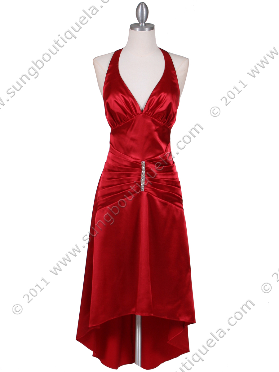 red satin halter dress