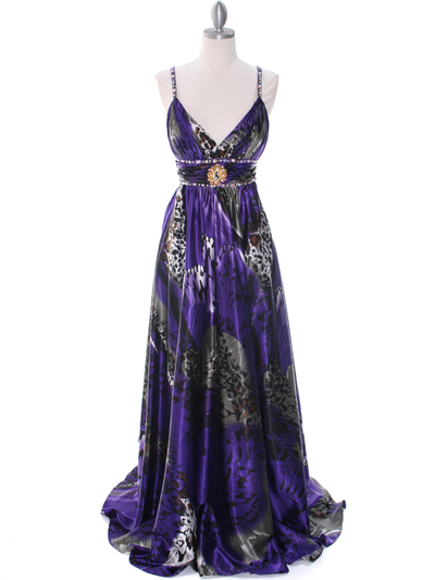 8042 Purple Printed Evening Dress - Purple Printed, Front View Medium