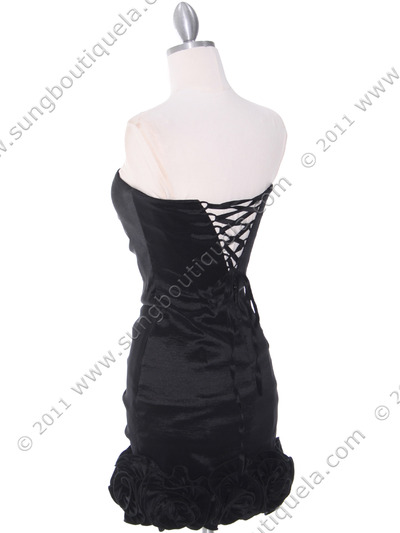8118 Black Taffeta Cocktail Dress with Rosette Hem - Black, Back View Medium