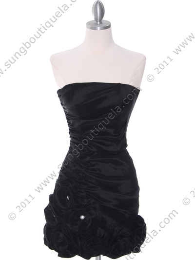 8118 Black Taffeta Cocktail Dress with Rosette Hem - Black, Front View Medium