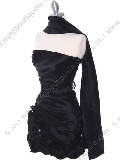 8118 Black Taffeta Cocktail Dress with Rosette Hem - Black, Alt View Medium