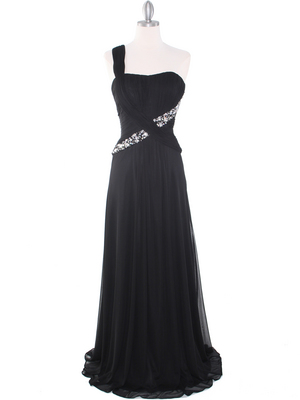 8312 Black One Shoulder Pleated Evening Dress, Black