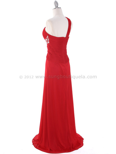 8312 Red One Shoulder Pleated Evening Dress - Red, Back View Medium