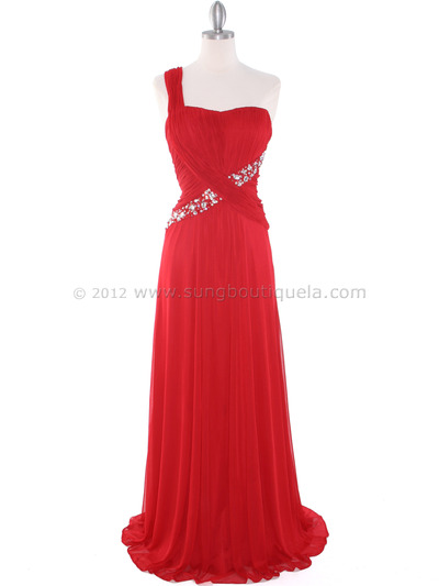 8312 Red One Shoulder Pleated Evening Dress - Red, Front View Medium