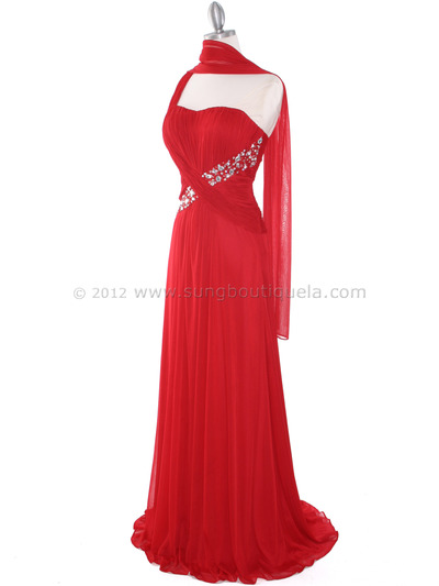 8312 Red One Shoulder Pleated Evening Dress - Red, Alt View Medium