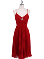 8420 Red Pleated Cocktail Dress with Rhinestone Pin - Red, Front View Thumbnail