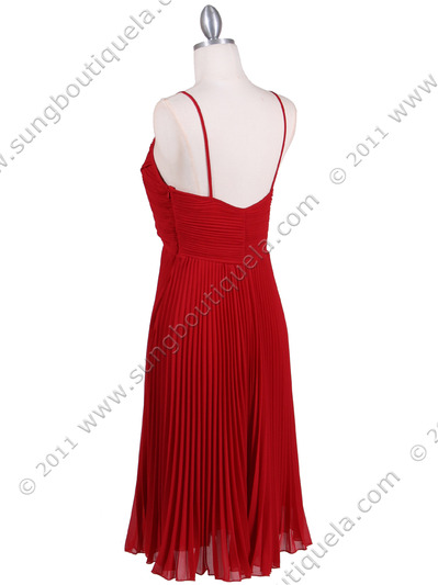 8420 Red Pleated Cocktail Dress with Rhinestone Pin - Red, Back View Medium