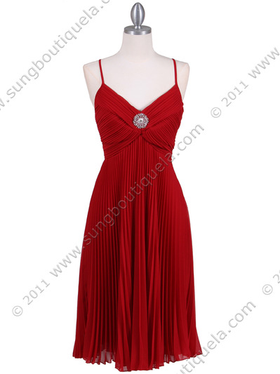 8420 Red Pleated Cocktail Dress with Rhinestone Pin - Red, Front View Medium