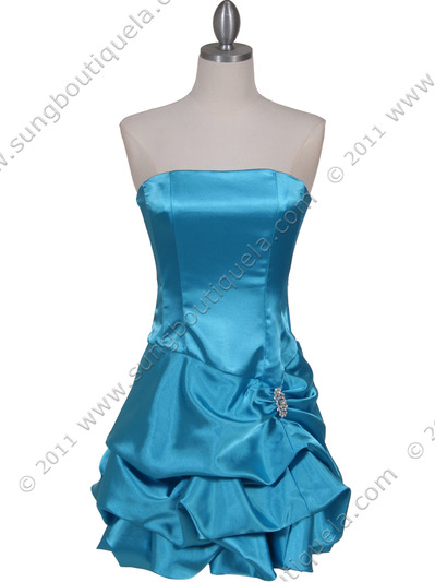 8484 Turquoise Bubble Cocktail Dress with Rhinestone Pin - Turquoise, Front View Medium