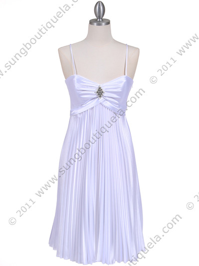 8491 White Pleated Cocktail Dress with Rhinestone Pin - White, Front View Medium