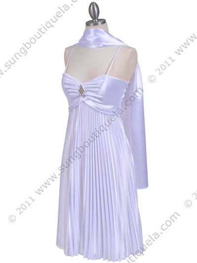 8491 White Pleated Cocktail Dress with Rhinestone Pin - White, Alt View Medium