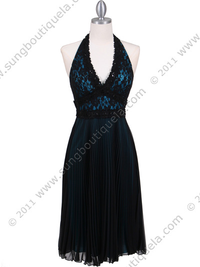 8508 Black Turquoise Lace Cocktail Dress - Black Turquoise, Front View Medium
