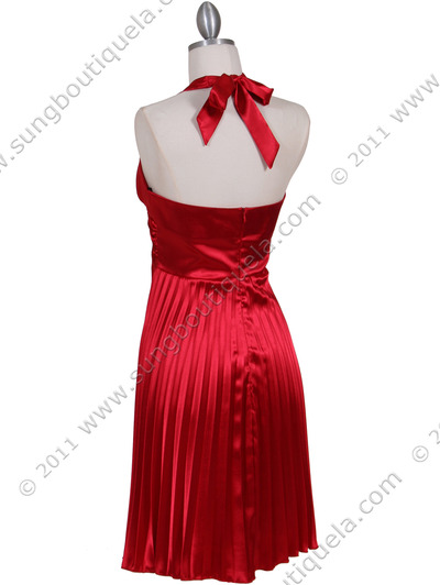 8543 Red Halter Pleated Cocktail Dress - Red, Back View Medium