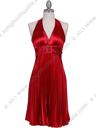 8543 Red Halter Pleated Cocktail Dress - Red, Front View Medium