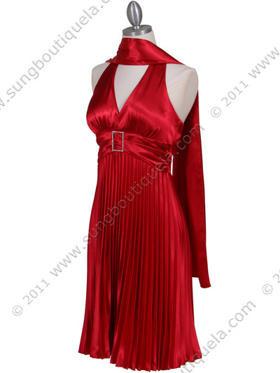 8543 Red Halter Pleated Cocktail Dress - Red, Alt View Medium