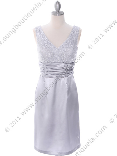 8653 Silver Cocktail Dress - Silver, Front View Medium