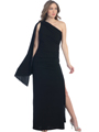 8714 One Shoulder Evening Dress with Sash - Black, Front View Thumbnail