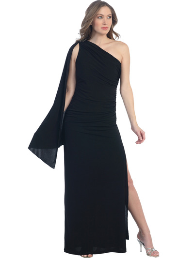 8714 One Shoulder Evening Dress with Sash - Black, Front View Medium