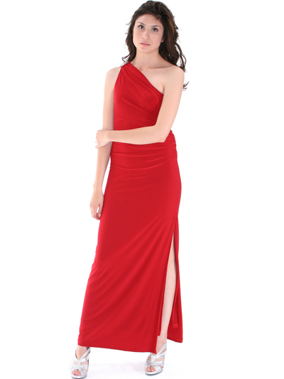 8714 One Shoulder Evening Dress with Sash - Red, Front View Medium