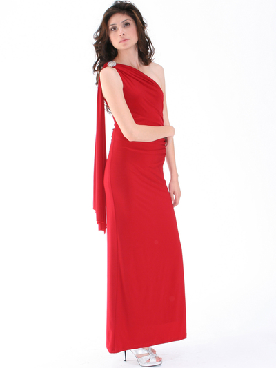 8714 One Shoulder Evening Dress with Sash - Red, Alt View Medium