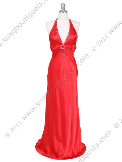 9002 Red Halter Evening Gown - Red, Front View Medium