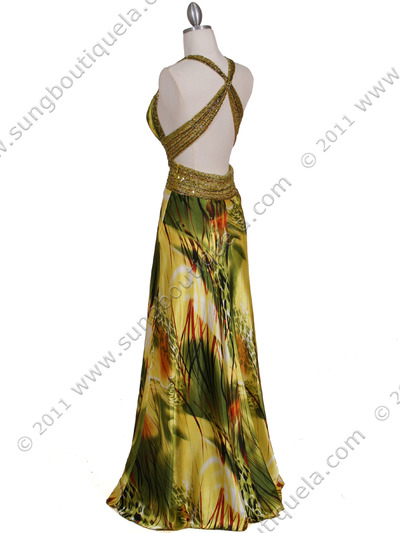 9010 Green Beaded Print Evening Gown - Green, Back View Medium