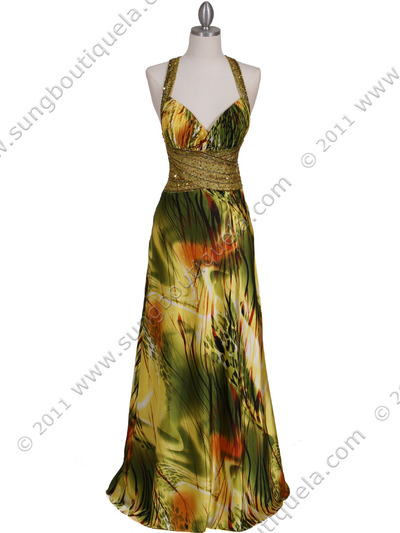 9010 Green Beaded Print Evening Gown - Green, Front View Medium