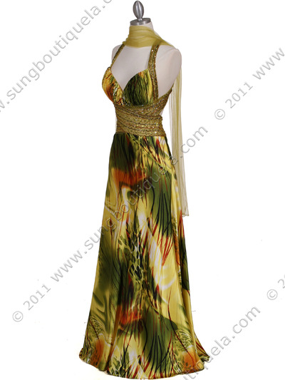 9010 Green Beaded Print Evening Gown - Green, Alt View Medium