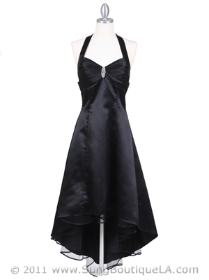 9051 Black Halter Hi-Low Satin Evening Dress, Black
