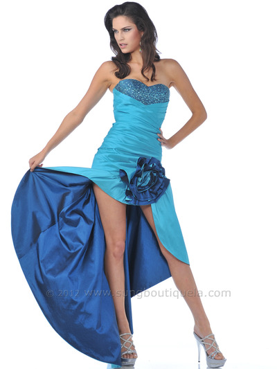 9192 Strapless Taffeta Prom Dress with High Low Hem - Turquoise Blue, Front View Medium
