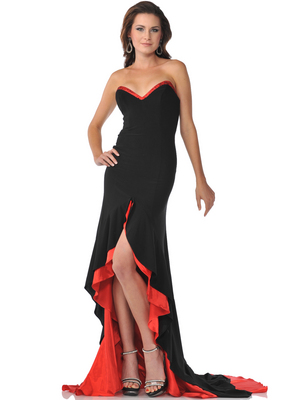 9193 Black Red Strapless Sweetheart Evening Dress with High Low Hem, Black Red