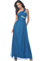 9523 Teal One Shoulder Chiffon Evening Dress with Sequin - Teal, Front View Thumbnail