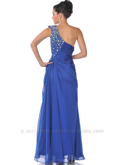 9525 Blue Single Shoulder Jewel Evening Dress - Blue, Back View Medium